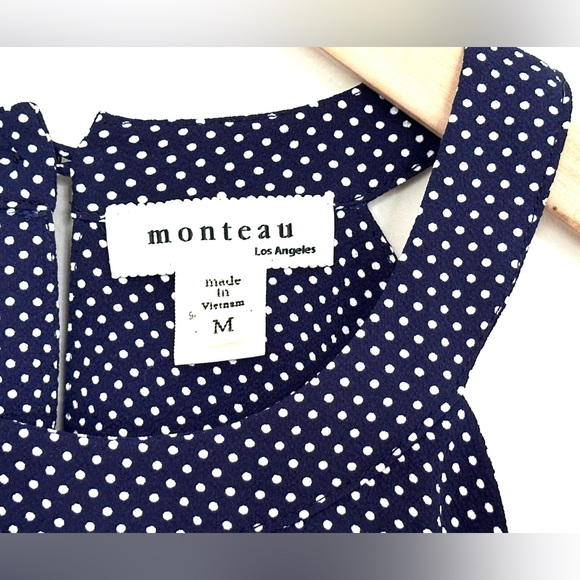 Monteau Sleeveless Top Size Medium Navy Blue W/ White polka dots Tunic Blouse - Picture 9 of 9